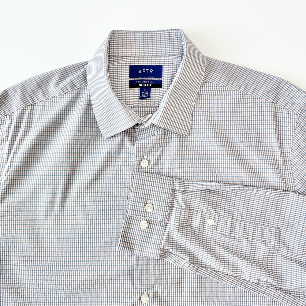 Apt. 9 Dress Shirt Men’s Size Large Slim Fit Premier Flex Blue and Pink Plaid
